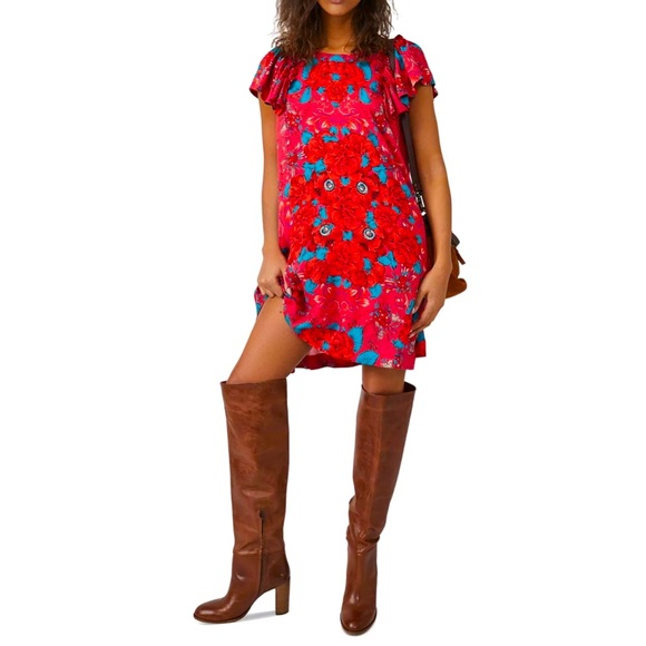 🔖 FREE PEOPLE
Yara Printed Flutter-Sleeve Floral Minidress Pink Red OB1705306 - Picture 2 of 10